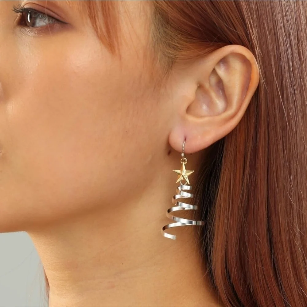 Women’s Jewelry Holiday Gold and Silver Star Spiral Tree Dangle Earrings